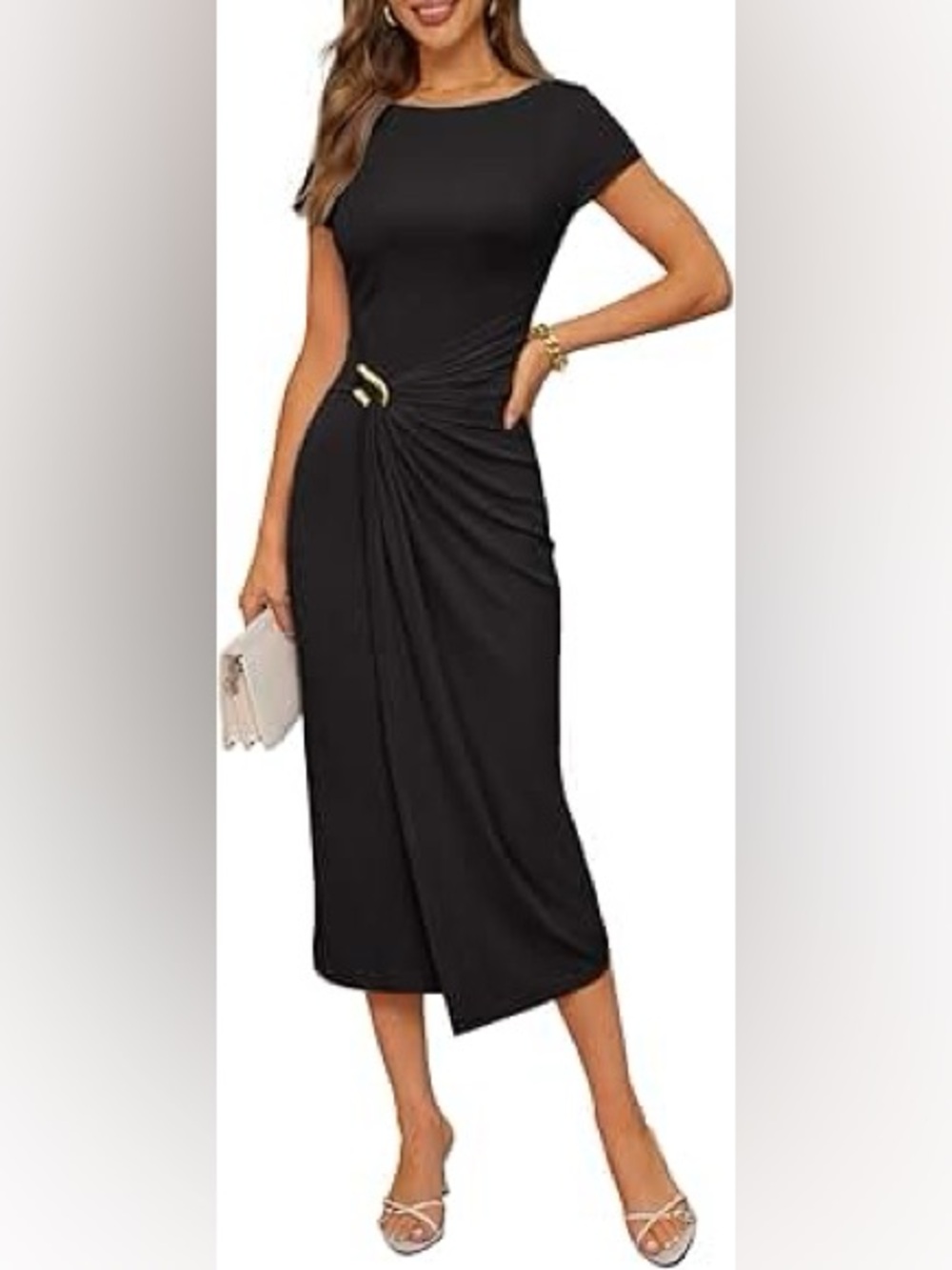 Elegant Black Draped Midi Dress with Gold Accent